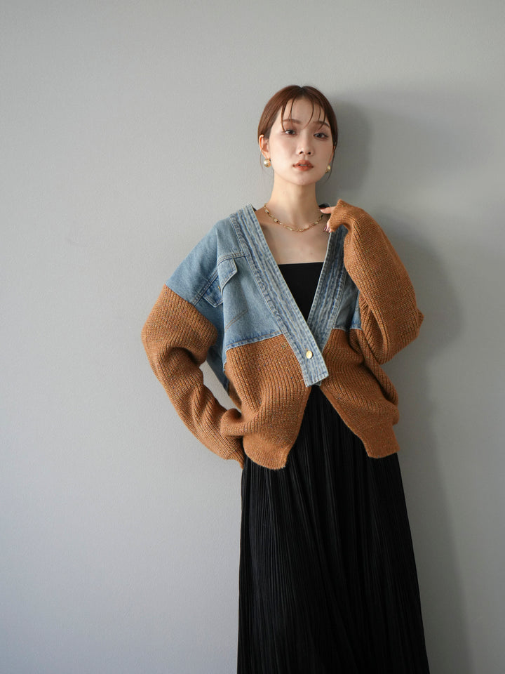 [SET]デニム切替ネップニットカーディガン+裾レーススウェードプリーツマキシスカート(2set)