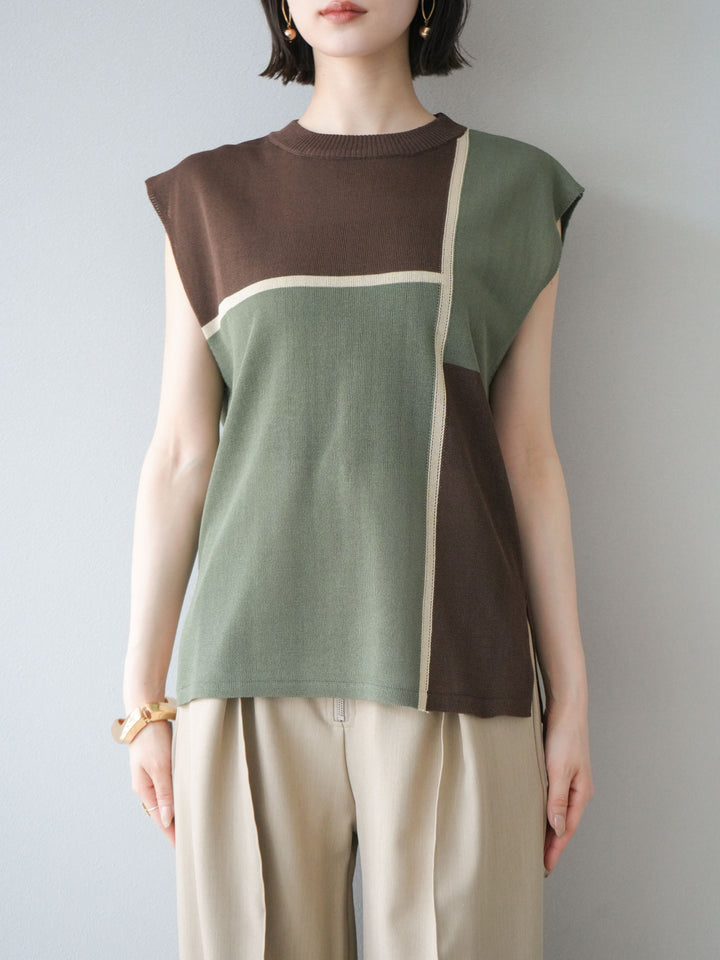 [予約]配色ノースリーブニットプルオーバー/ブラウン