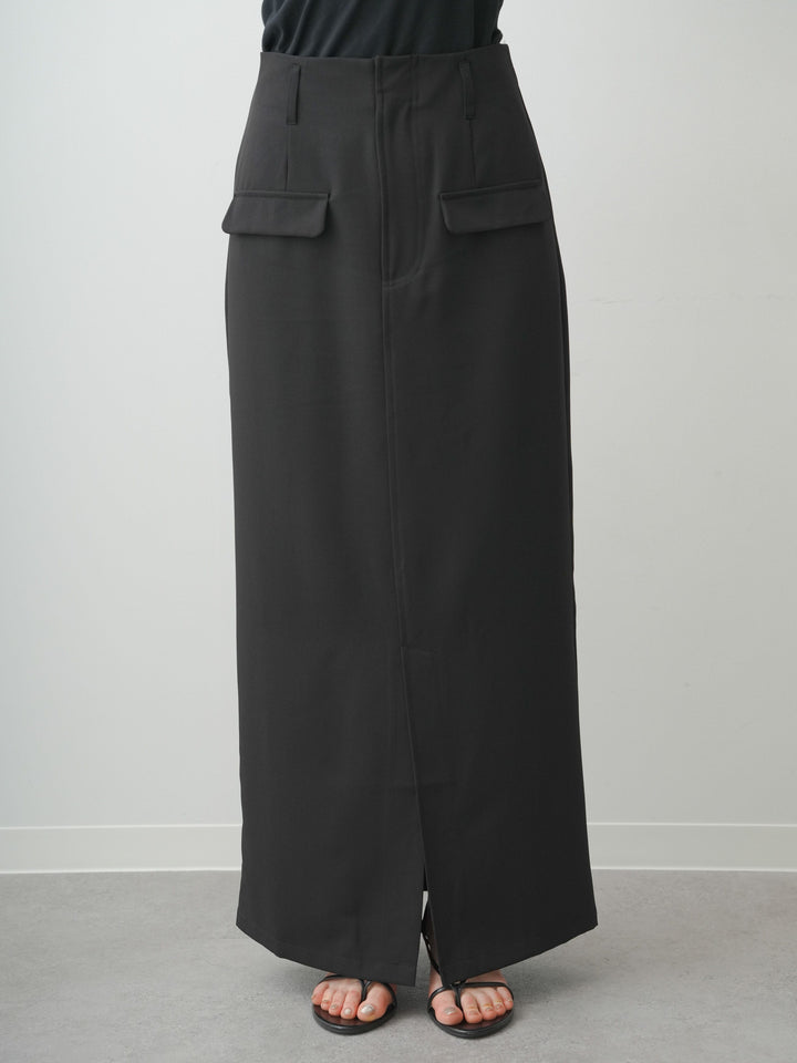 [予約]クレープデシンフラップ付きストレートスカート/black