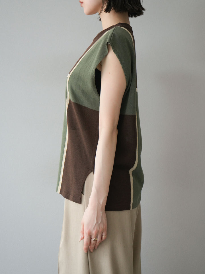 [予約]配色ノースリーブニットプルオーバー/ブラウン