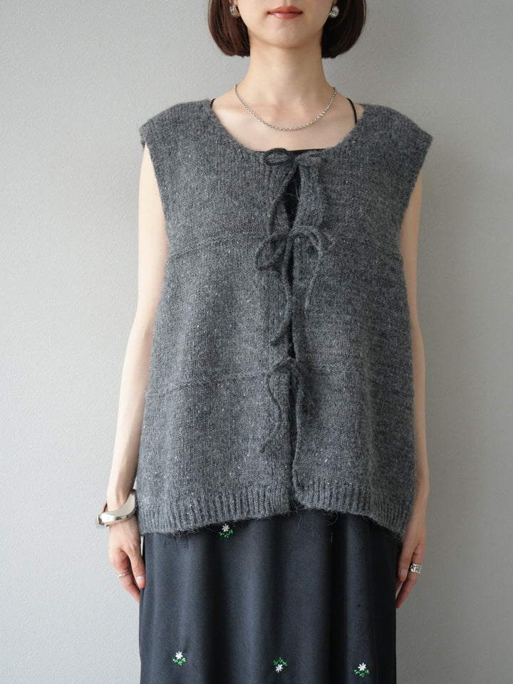 [予約]フロントスリットリボンニットベスト/グレー