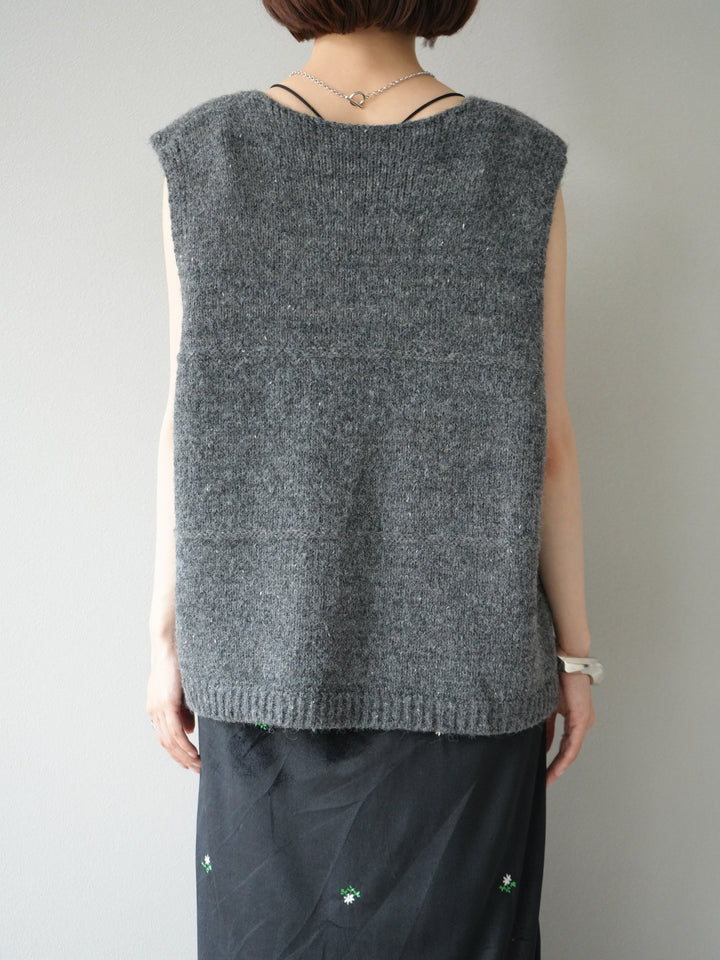 [予約]フロントスリットリボンニットベスト/グレー