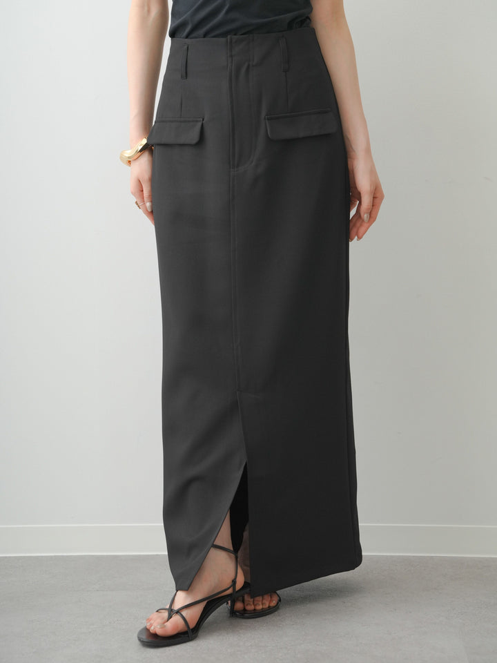 [予約]クレープデシンフラップ付きストレートスカート/black