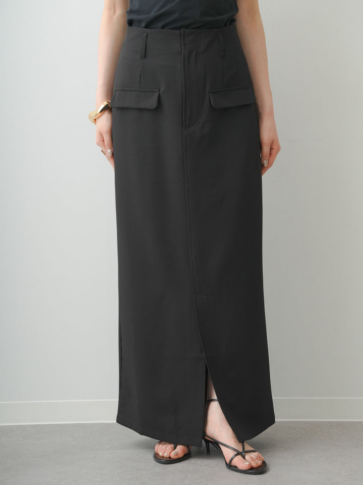 [予約]クレープデシンフラップ付きストレートスカート/black
