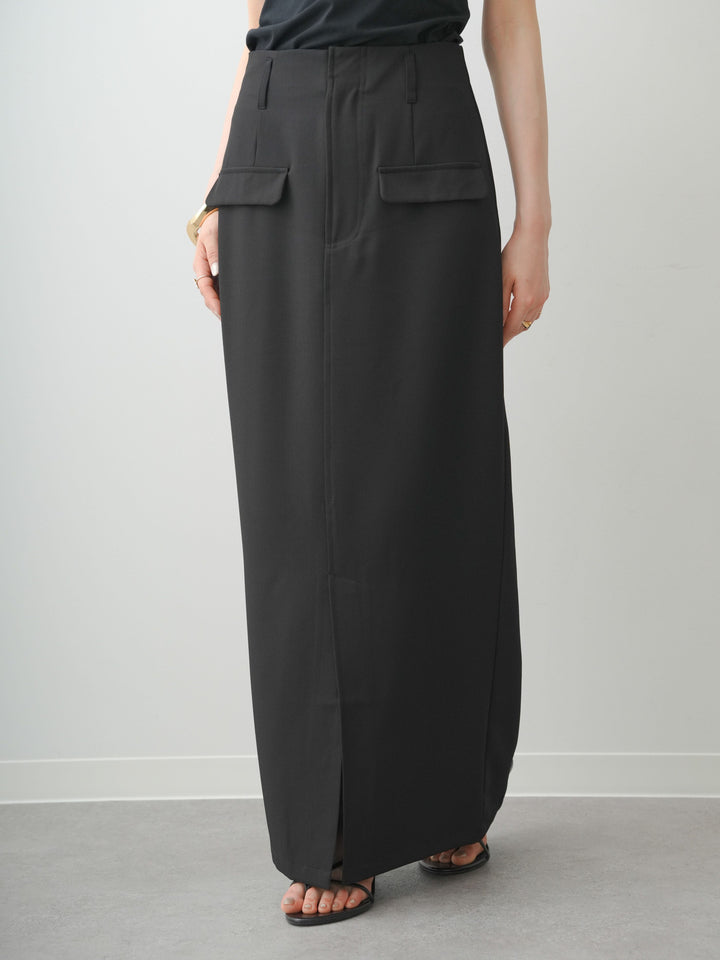 [予約]クレープデシンフラップ付きストレートスカート/black