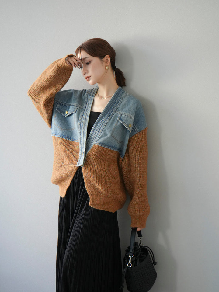 [SET]デニム切替ネップニットカーディガン+裾レーススウェードプリーツマキシスカート(2set)