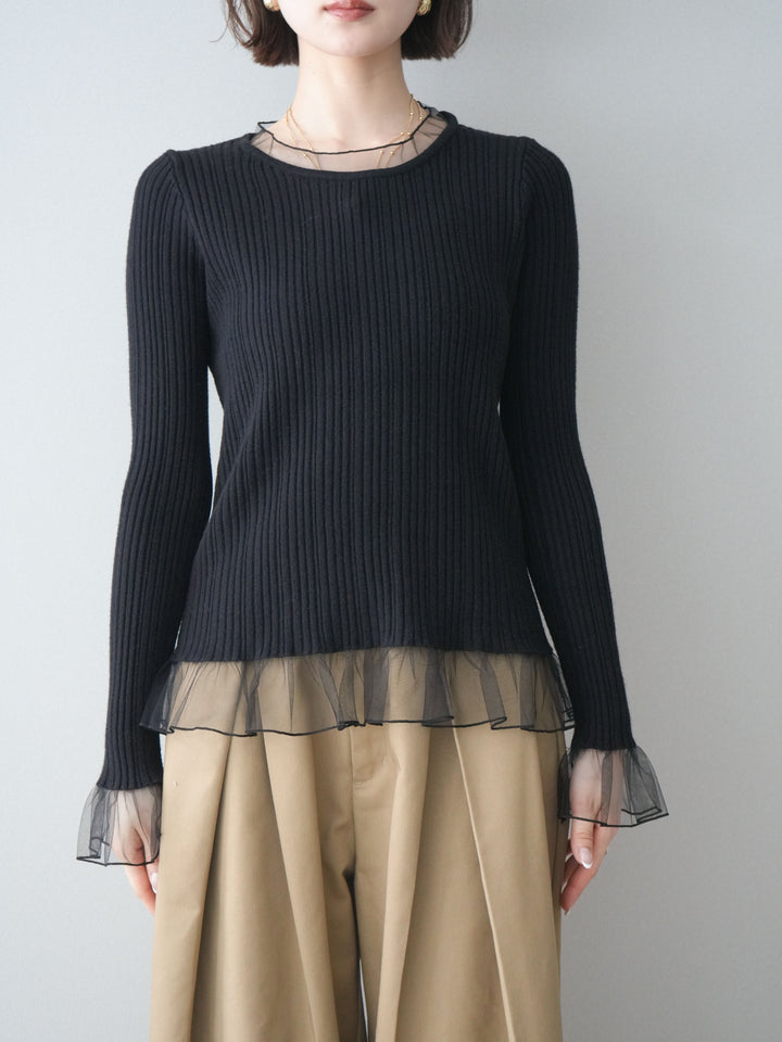 [予約]チュールレイヤードリブニットトップス/black
