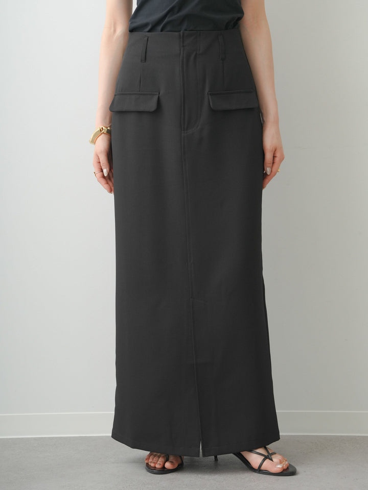[予約]クレープデシンフラップ付きストレートスカート/black