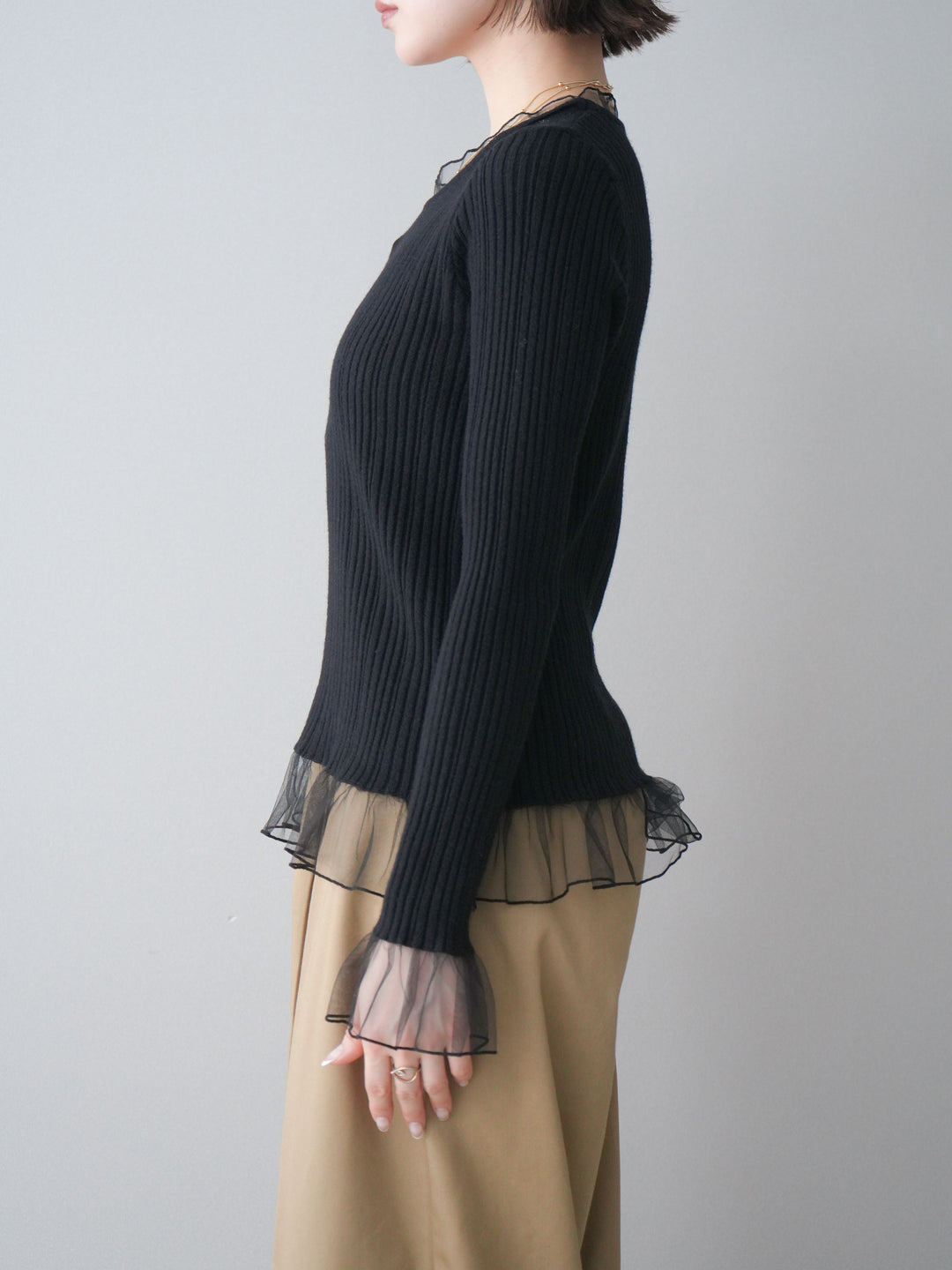 [予約]チュールレイヤードリブニットトップス/black
