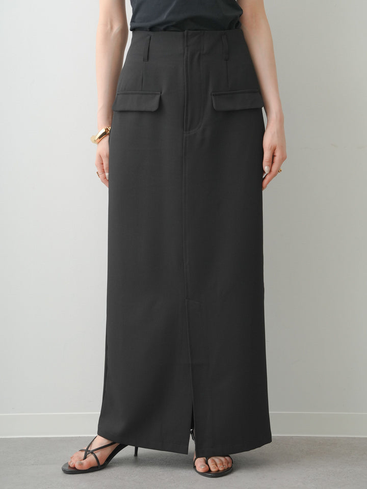 [予約]クレープデシンフラップ付きストレートスカート/black