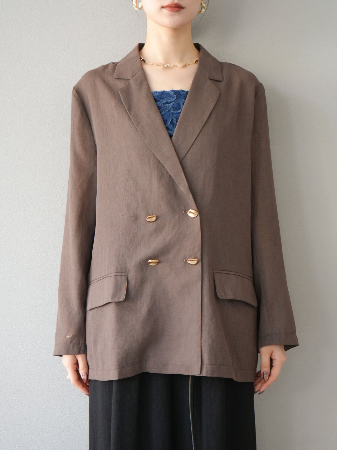 [預購] 金色紐扣透視夾克/棕色