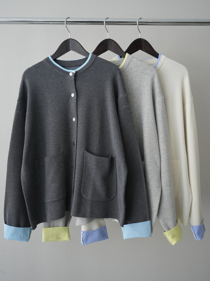 [SET]バイカラーオーバーニットカーディガン+デニム切替スウェットパンツ(2set)