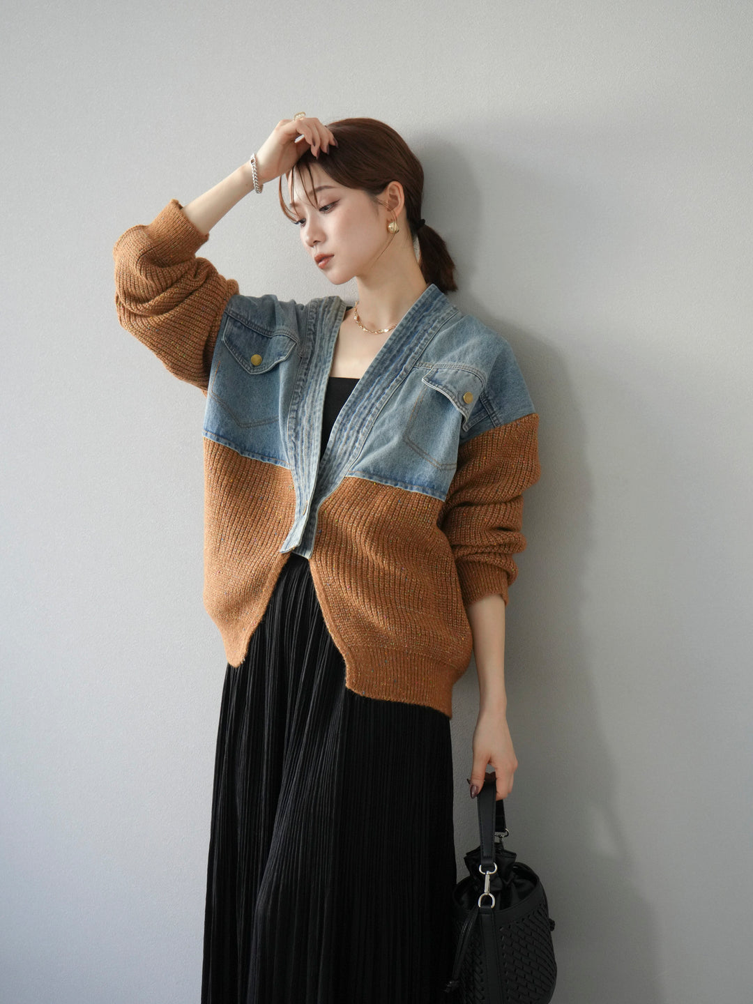 [SET]デニム切替ネップニットカーディガン+裾レーススウェードプリーツマキシスカート(2set)