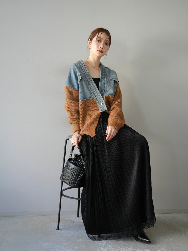 [SET]デニム切替ネップニットカーディガン+裾レーススウェードプリーツマキシスカート(2set)