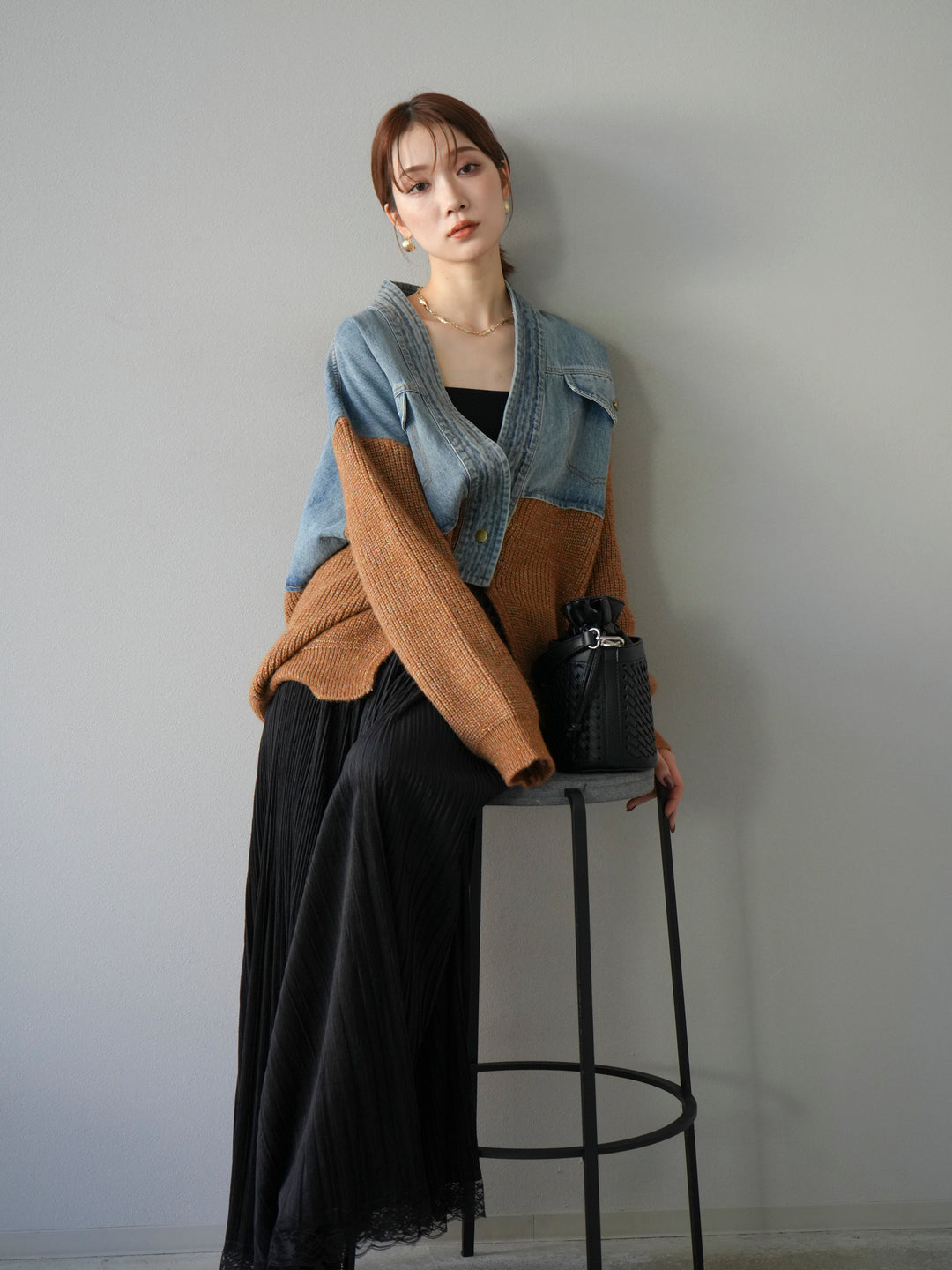 [SET]デニム切替ネップニットカーディガン+裾レーススウェードプリーツマキシスカート(2set)