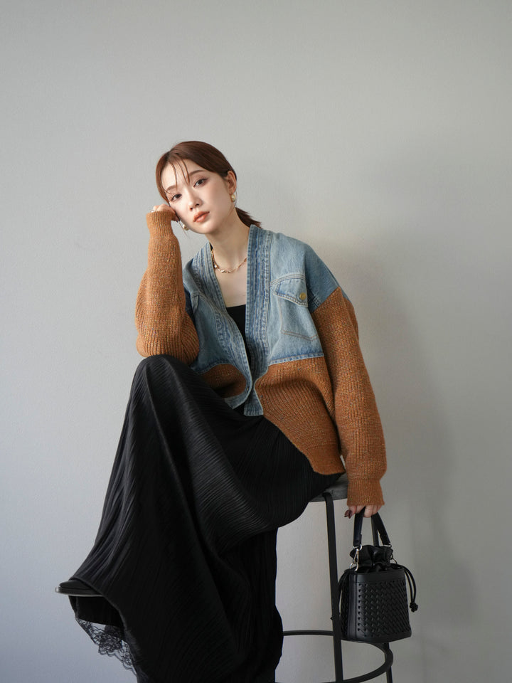 [SET]デニム切替ネップニットカーディガン+裾レーススウェードプリーツマキシスカート(2set)