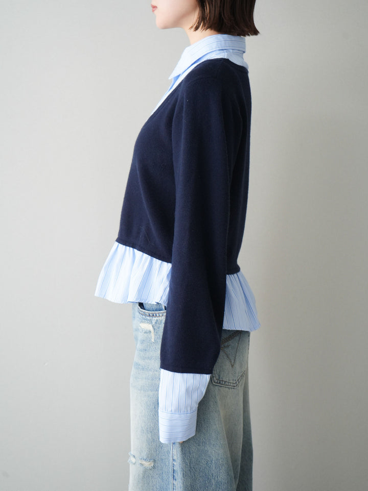 [予約]ストライプシャツUネックドッキングニットプルオーバー/navybluestripeB