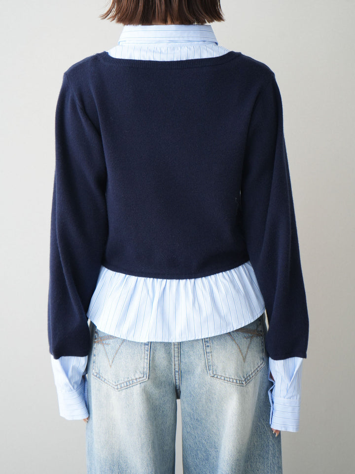 [予約]ストライプシャツUネックドッキングニットプルオーバー/navybluestripeB