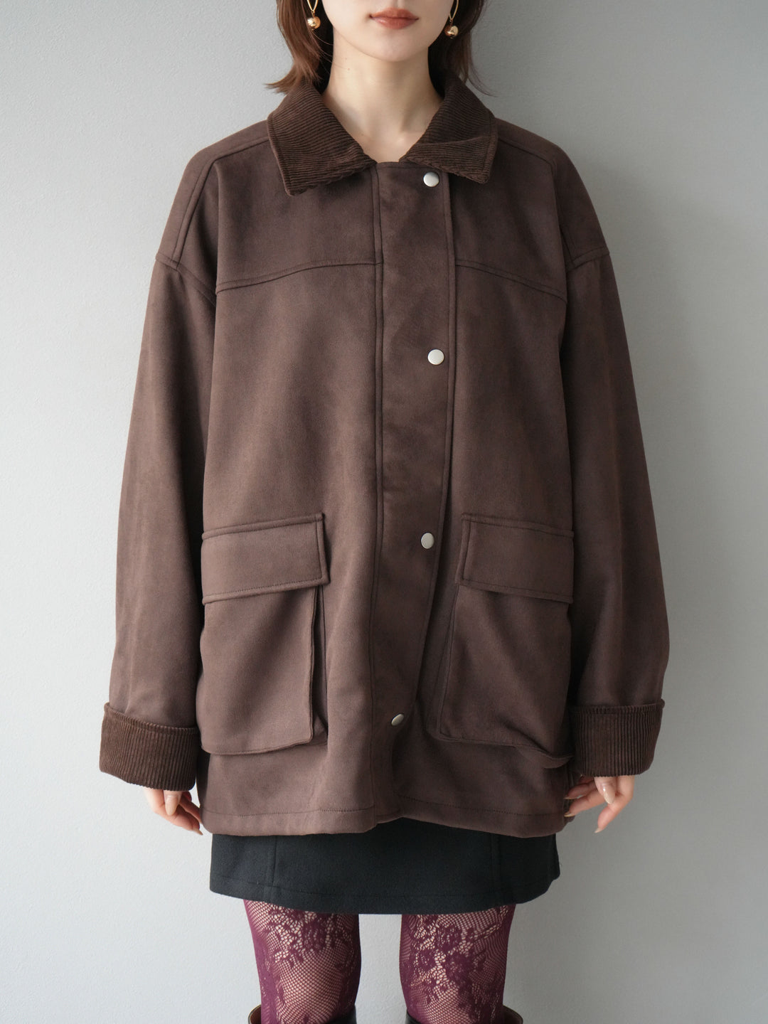 [予約]コーデュロイ襟スウェードミドルジャケット /ブラウン