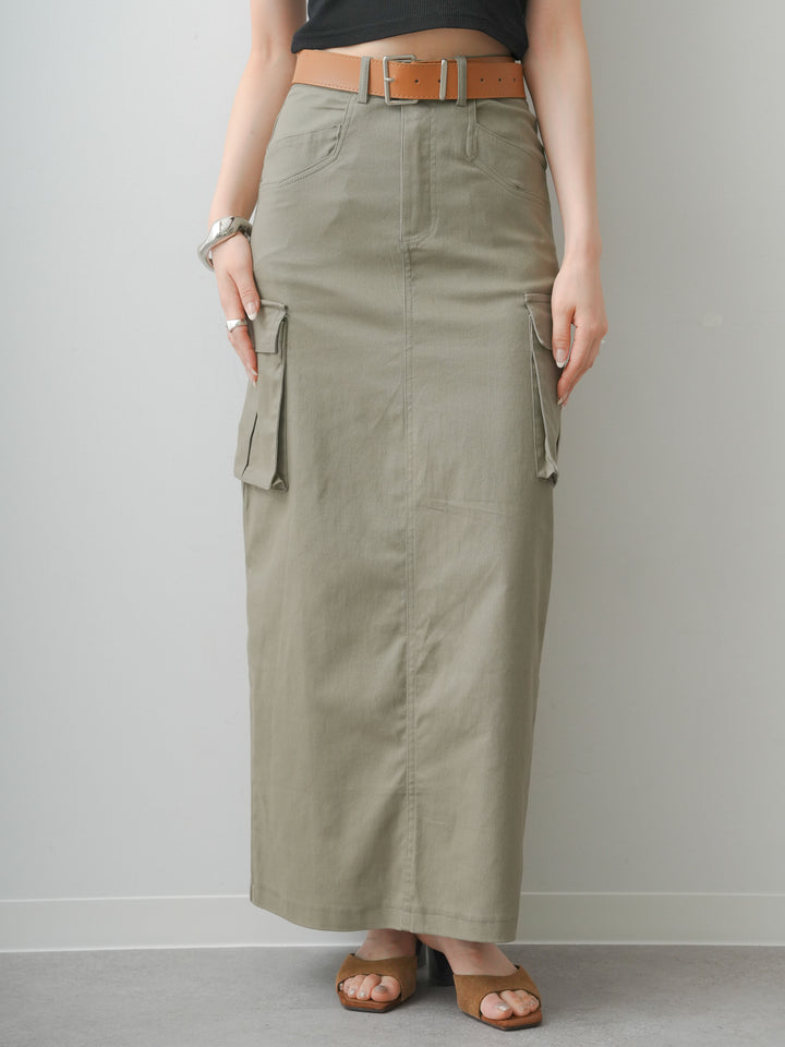 [予約]ベルト付カーゴナロースカート/khaki