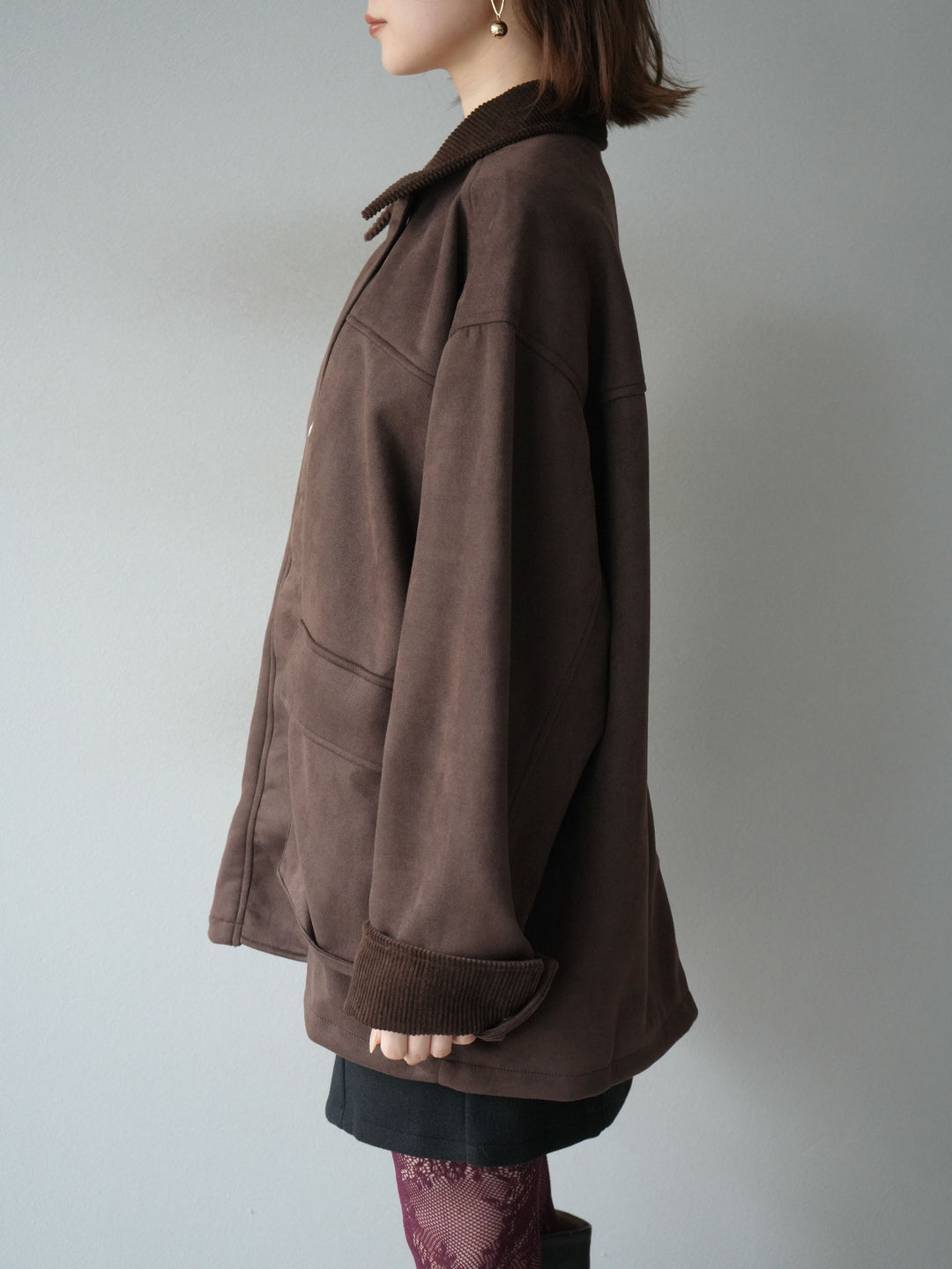 [予約]コーデュロイ襟スウェードミドルジャケット /ブラウン