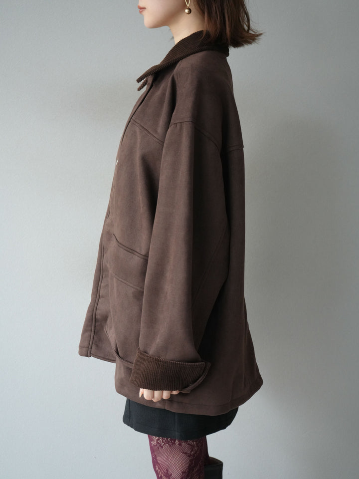 [予約]コーデュロイ襟スウェードミドルジャケット /ブラウン