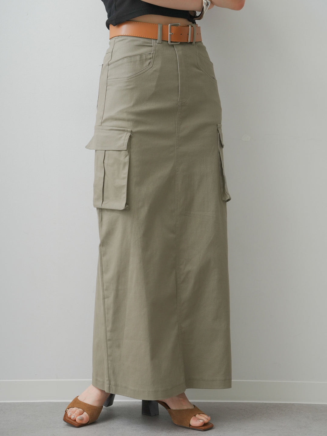 [予約]ベルト付カーゴナロースカート/khaki