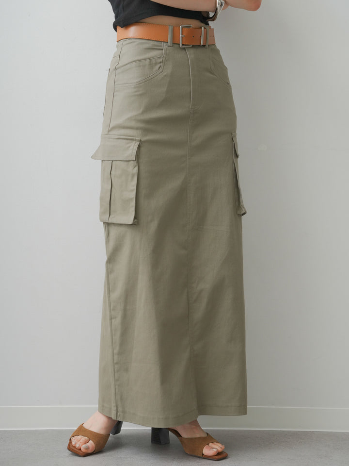[予約]ベルト付カーゴナロースカート/khaki