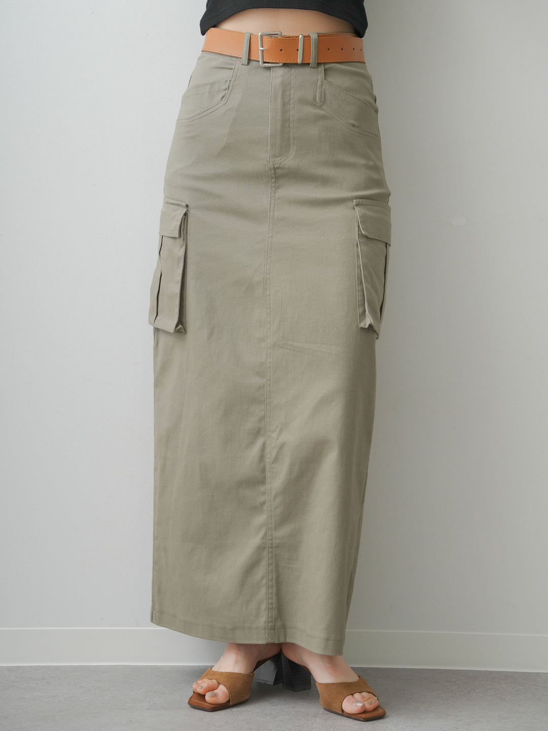 [予約]ベルト付カーゴナロースカート/khaki