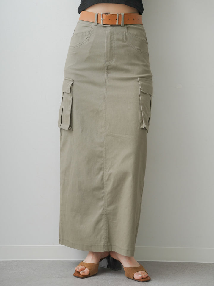 [予約]ベルト付カーゴナロースカート/khaki