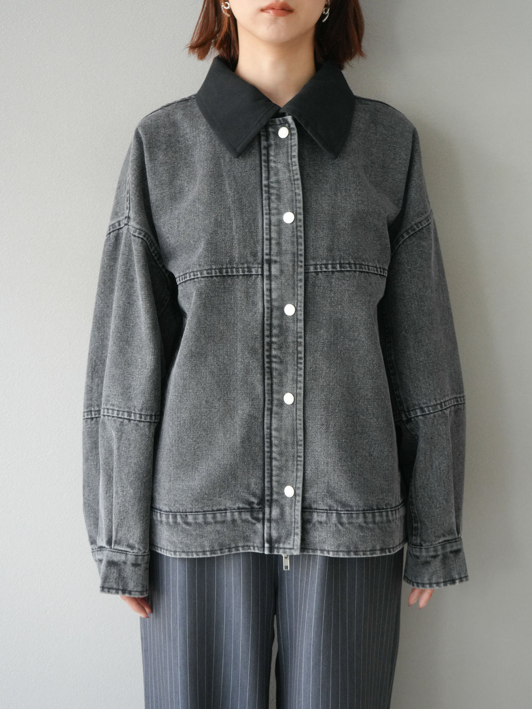 [予約]スウェード襟切替デニムブルゾン/ブラック