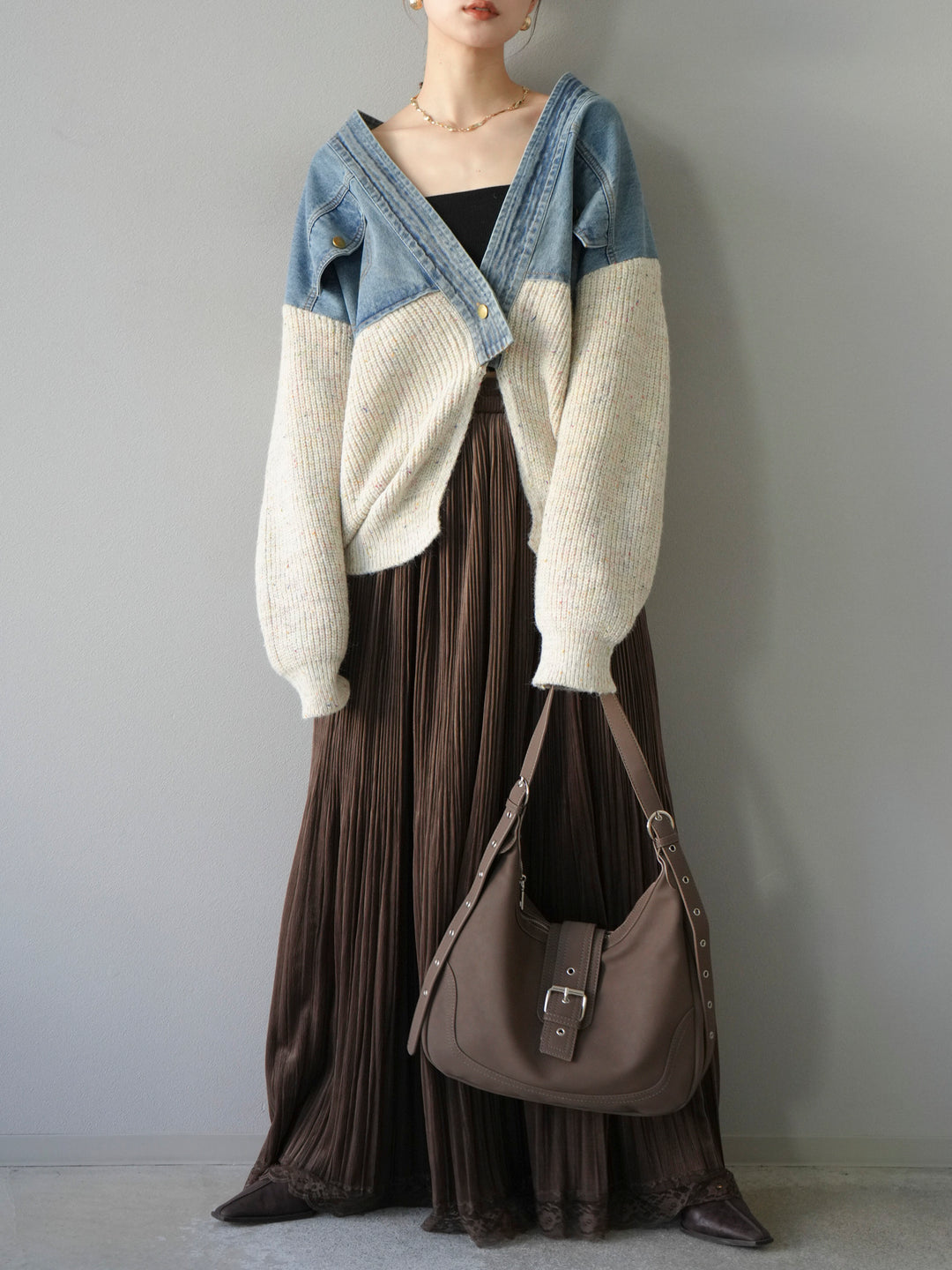 [SET]デニム切替ネップニットカーディガン+裾レーススウェードプリーツマキシスカート(2set)