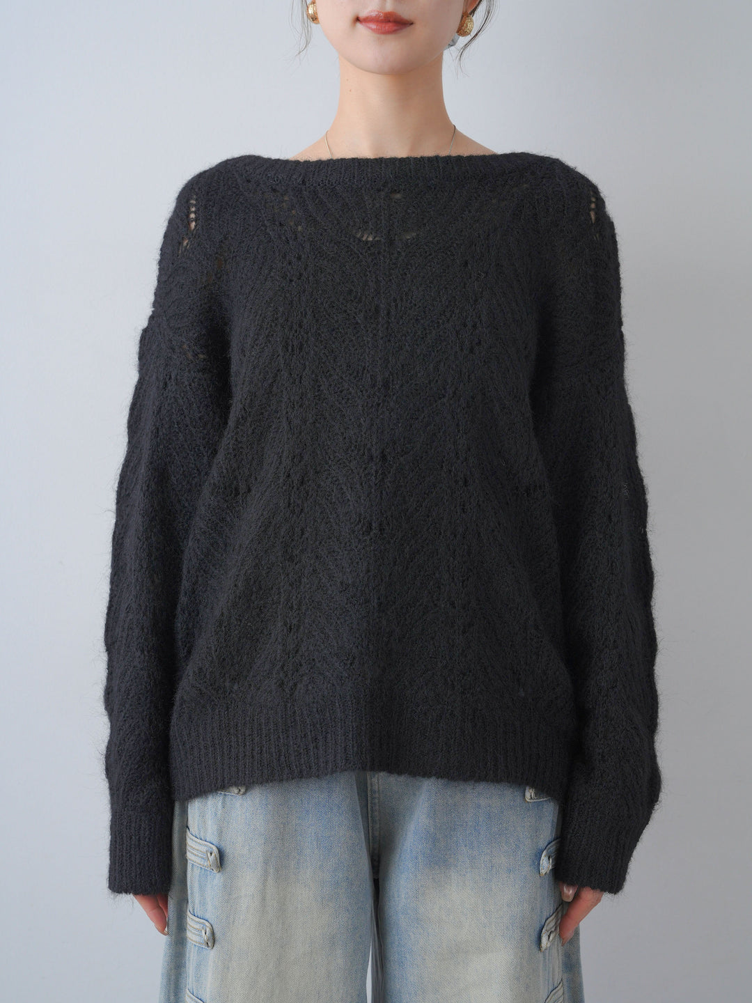 [予約]前後2WAY透かし編みケーブルニットトップス/black