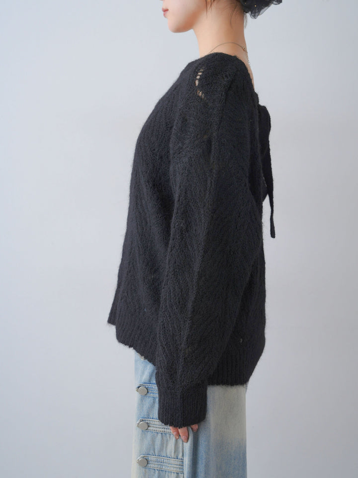 [予約]前後2WAY透かし編みケーブルニットトップス/black