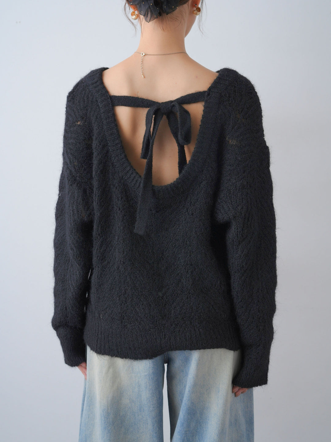 [予約]前後2WAY透かし編みケーブルニットトップス/black