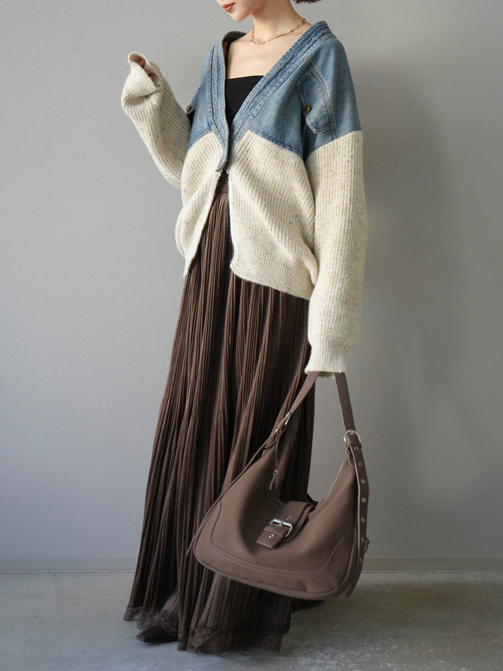 [SET]デニム切替ネップニットカーディガン+裾レーススウェードプリーツマキシスカート(2set)