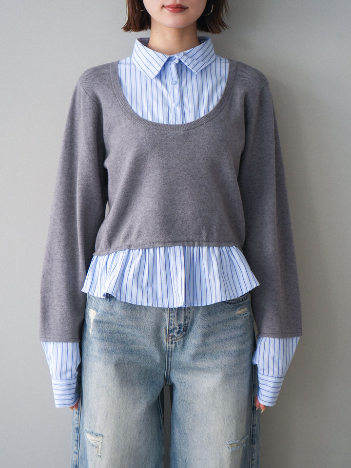 [予約]ストライプシャツUネックドッキングニットプルオーバー/graybluestripeA