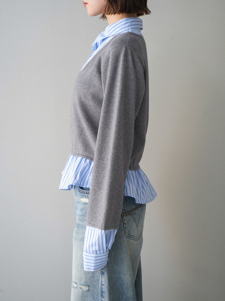 [予約]ストライプシャツUネックドッキングニットプルオーバー/graybluestripeA