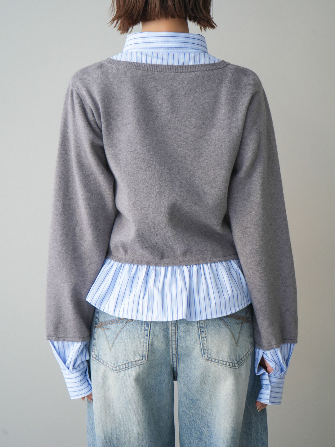 [予約]ストライプシャツUネックドッキングニットプルオーバー/graybluestripeA