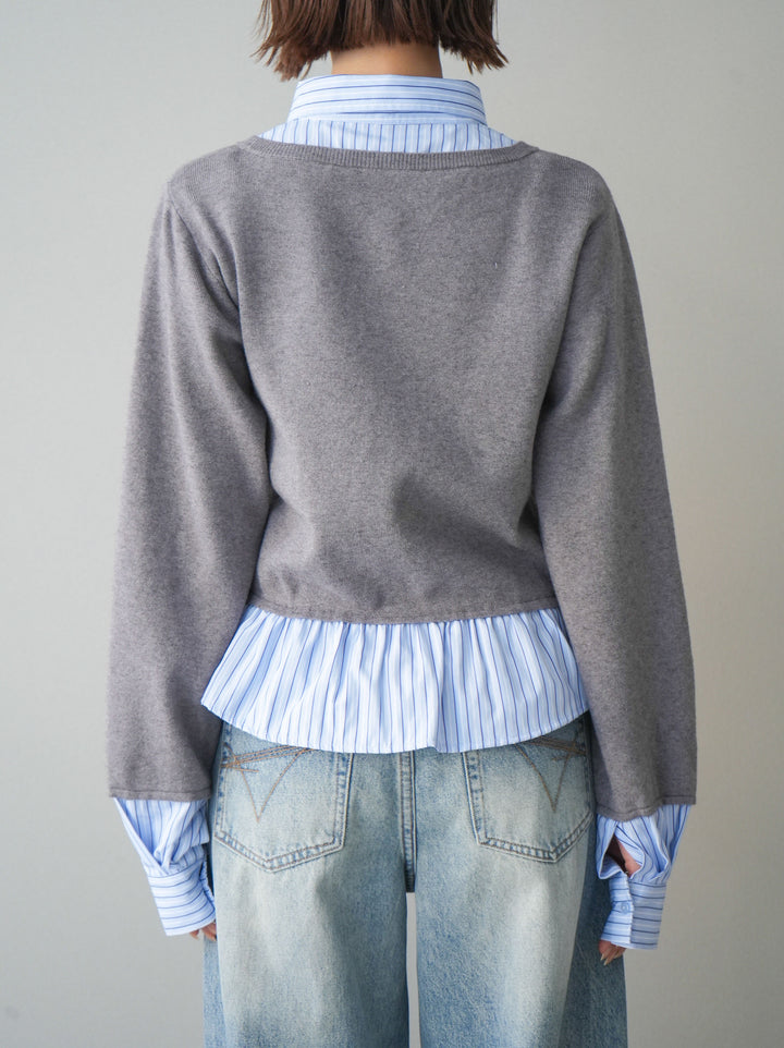 [予約]ストライプシャツUネックドッキングニットプルオーバー/graybluestripeA