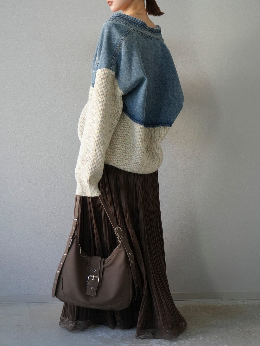 [SET]デニム切替ネップニットカーディガン+裾レーススウェードプリーツマキシスカート(2set)