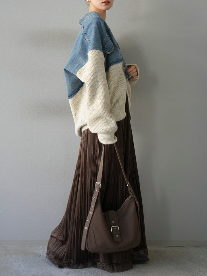 [SET]デニム切替ネップニットカーディガン+裾レーススウェードプリーツマキシスカート(2set)