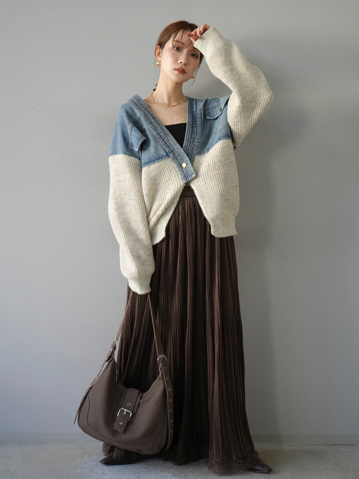 [SET]デニム切替ネップニットカーディガン+裾レーススウェードプリーツマキシスカート(2set)
