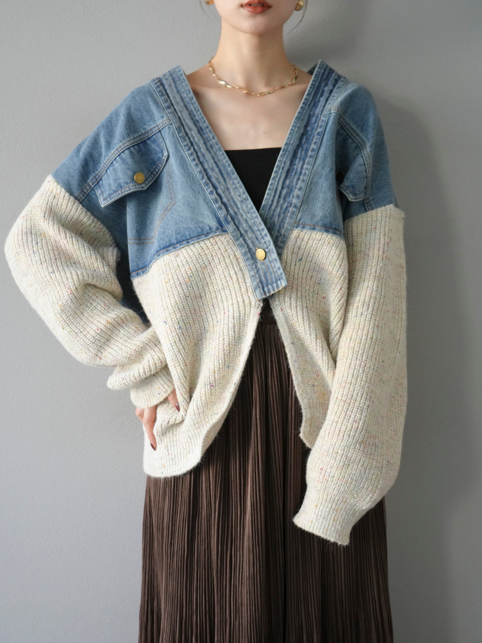 SET]デニム切替ネップニットカーディガン+裾レーススウェードプリーツ