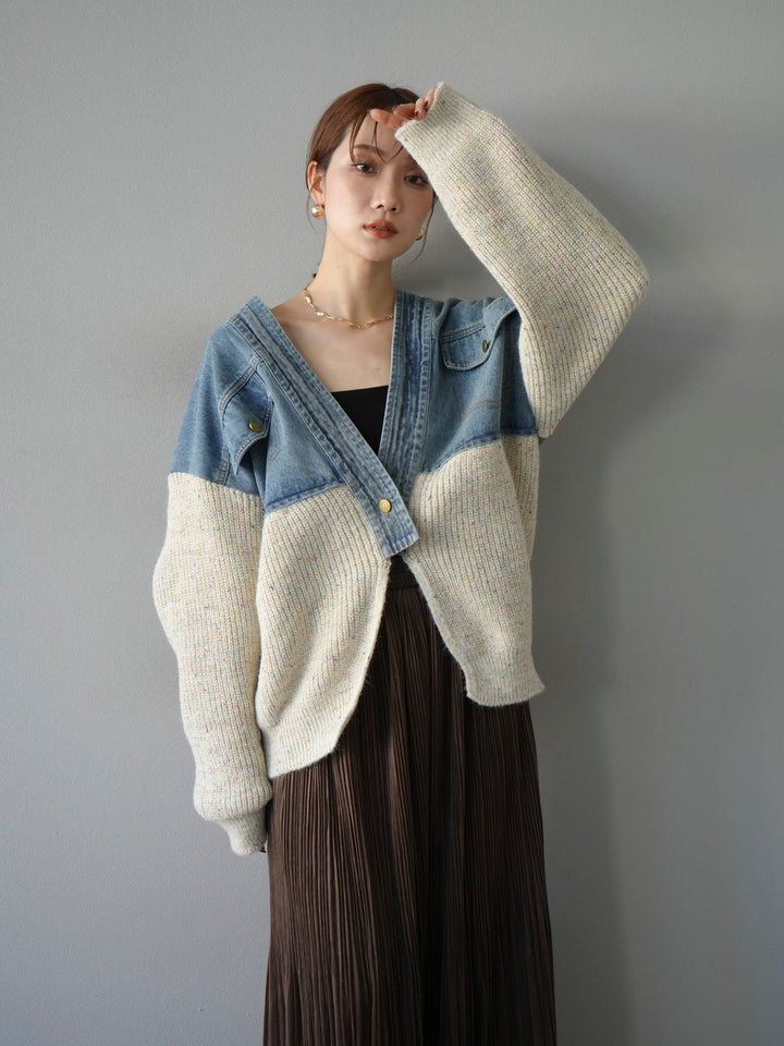 [SET]デニム切替ネップニットカーディガン+裾レーススウェードプリーツマキシスカート(2set)