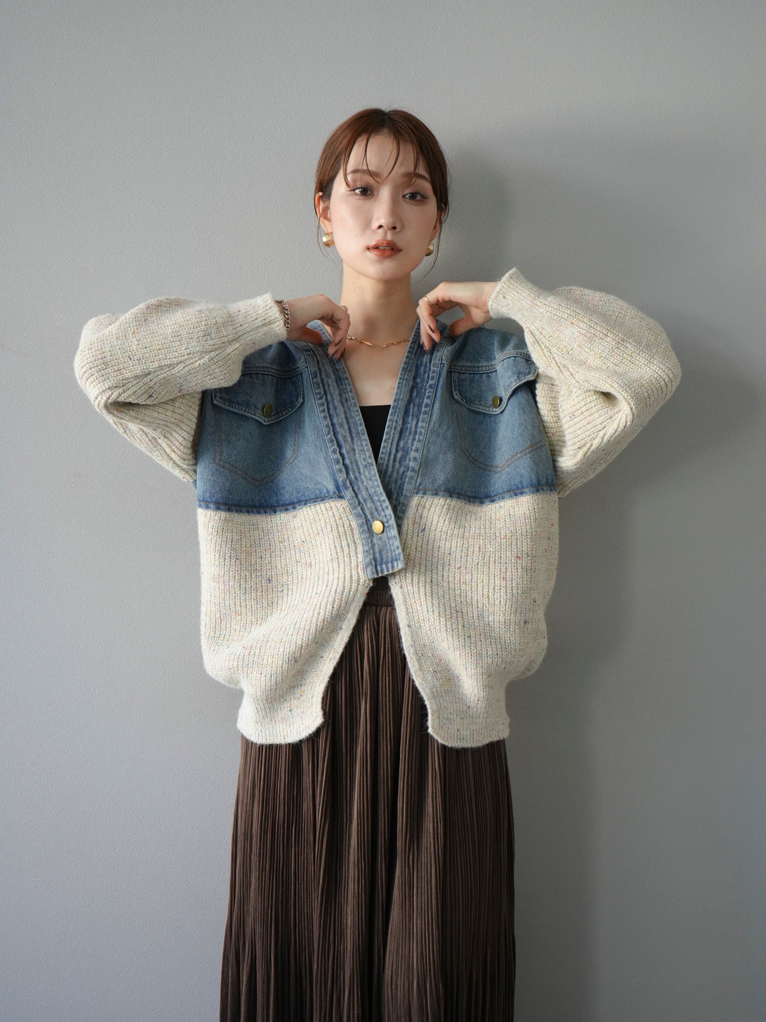 SET]デニム切替ネップニットカーディガン+裾レーススウェードプリーツ