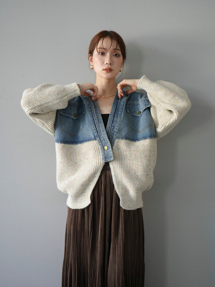 [SET]デニム切替ネップニットカーディガン+裾レーススウェードプリーツマキシスカート(2set)