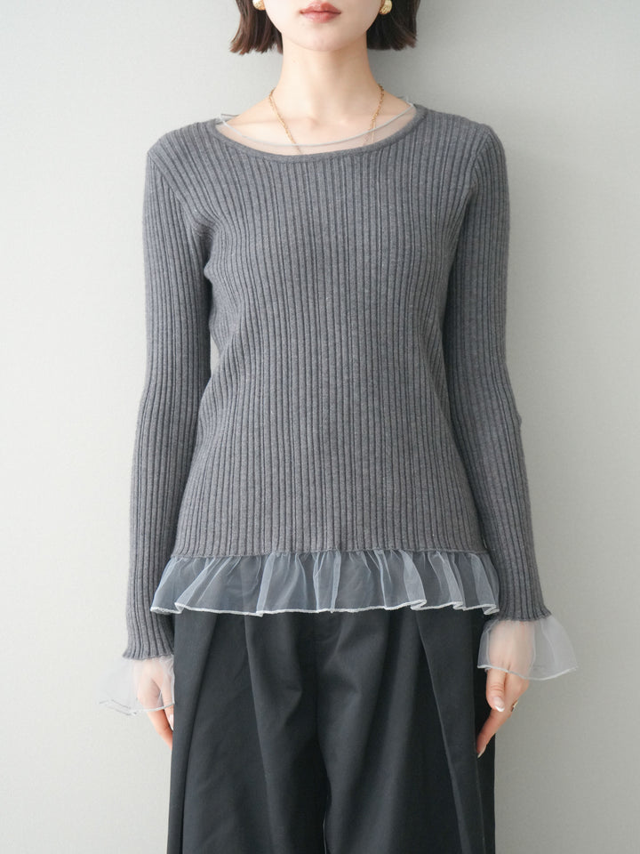 [予約]チュールレイヤードリブニットトップス/gray