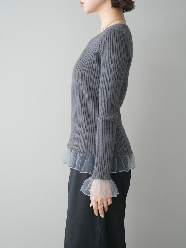 [予約]チュールレイヤードリブニットトップス/gray