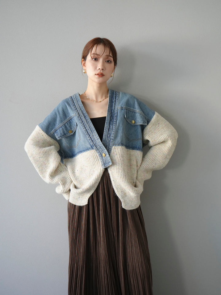 [SET]デニム切替ネップニットカーディガン+裾レーススウェードプリーツマキシスカート(2set)